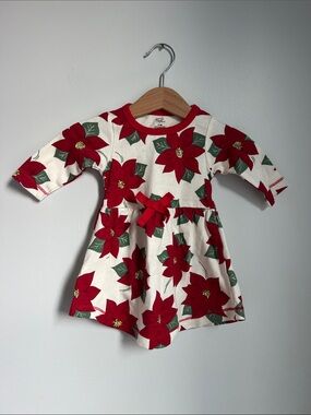 Touch By Nature | 100% Organic Cotton Poinsettia Red & Cream Dress NWOT Sz 0-3M
